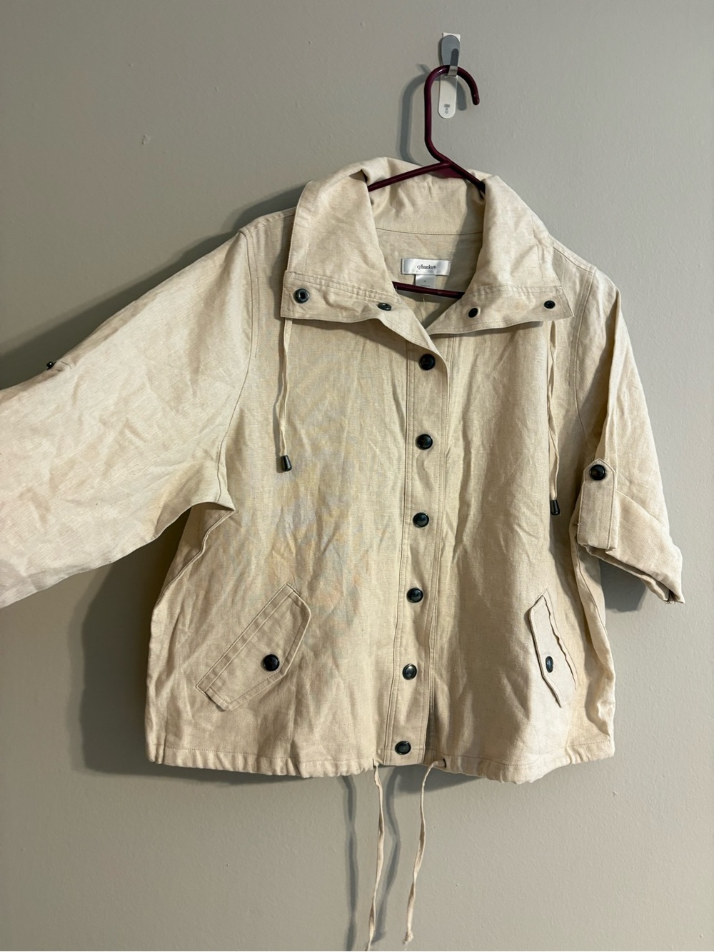 CJ Banks Fisherman Utility Linen Blend Button Front Roll Tab Sleeve Jacket